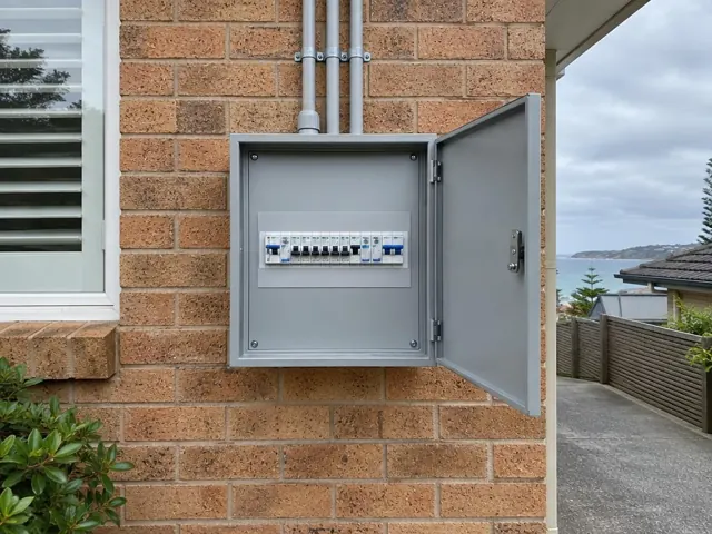 Outdoor switchboard cabinet on a brick house wall with the door open in Curl Curl